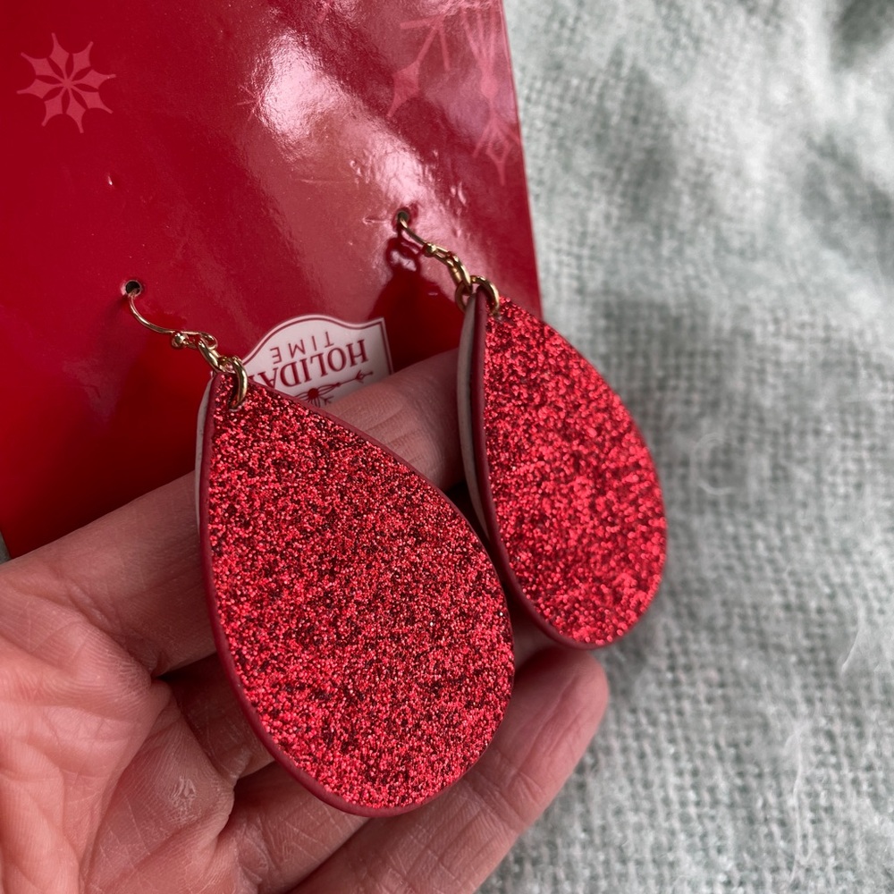 Holiday Time Fair Isle Red White Double Tier Glitter Teardrop Dangle Earrings - Picture 3 of 9